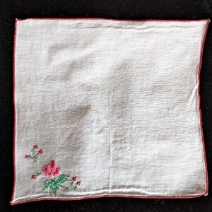 Vintage White Handkerchief with Pink/Red Embroidered Flowers and Green Fauna